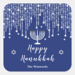 Blue and Silver String Lights Happy Hanukkah Vierkante Sticker
