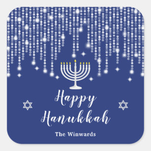 Blue and Silver String Lights Happy Hanukkah Vierkante Sticker