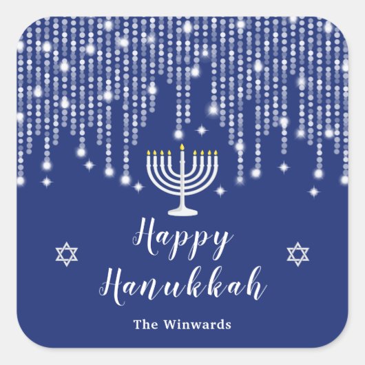 Blue and Silver String Lights Happy Hanukkah Vierkante Sticker (Voorkant)