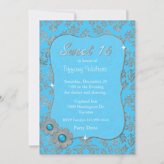 Blue and Silver Sweet 16 Birthday Invitation Kaart (Voorkant)