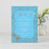 Blue and Silver Sweet 16 Birthday Invitation Kaart (Staand voorkant)