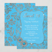 Blue and Silver Sweet 16 Birthday Invitation Kaart (Voorkant / Achterkant)