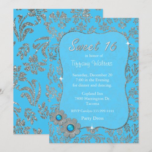 Blue and Silver Sweet 16 Birthday Invitation Kaart (Voorkant / Achterkant)