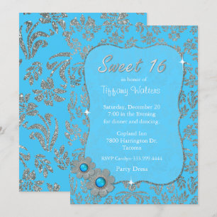 Blue and Silver Sweet 16 Birthday Invitation Kaart