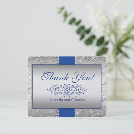 Blue and Silver Swirl Wedding Bedankt (Staand voorkant)