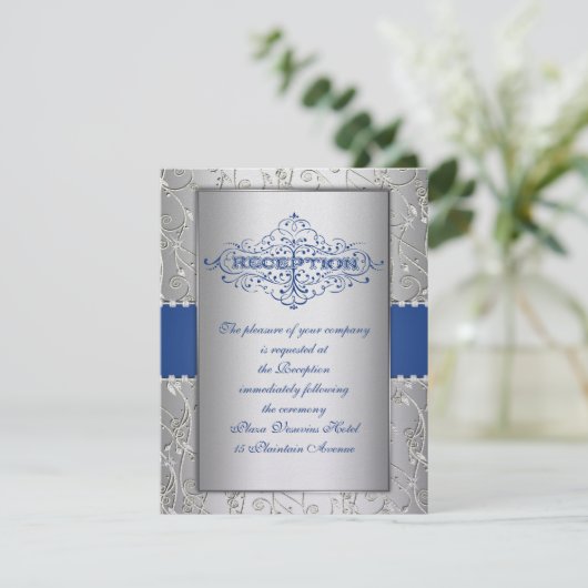 Blue and Silver Swirl Wedding Reception Card Informatiekaartje (Staand voorkant)