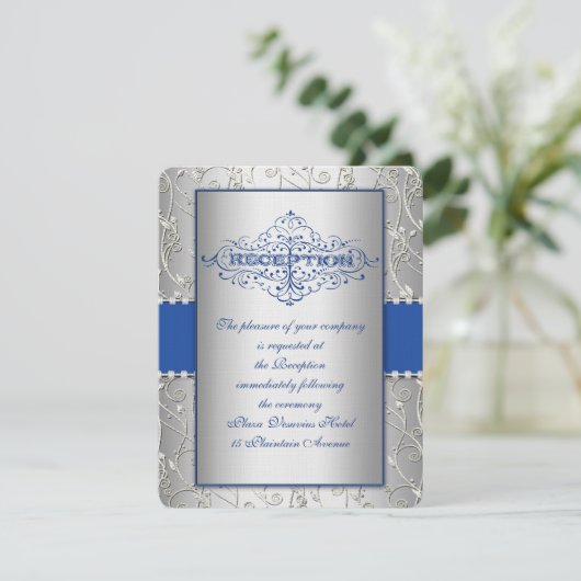 Blue and Silver Swirl Wedding Reception Card Kaart (Staand voorkant)