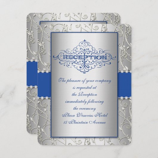 Blue and Silver Swirl Wedding Reception Card Kaart (Voorkant / Achterkant)