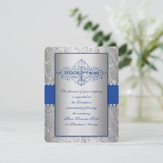 Blue and Silver Swirl Wedding Reception Card Kaart (Staand voorkant)