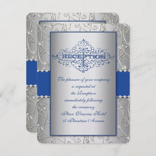Blue and Silver Swirl Wedding Reception Card Kaart (Voorkant / Achterkant)