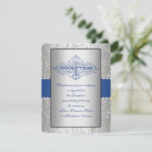 Blue and Silver Swirl Wedding Reception Card Kaart (Staand voorkant)