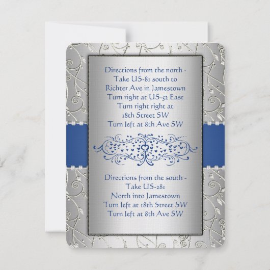 Blue and Silver Swirl Wedding Reception Card Kaart (Achterkant)