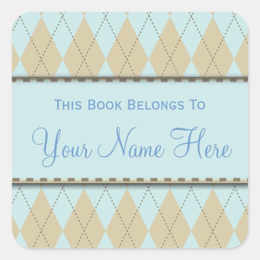 Blue and Tan Argyle Name Book Bord Sticker (Voorkant)