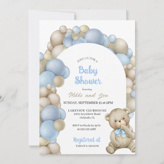 Blue and Tan Balloon Arch Teddy Bear Baby shower Kaart (Voorkant)