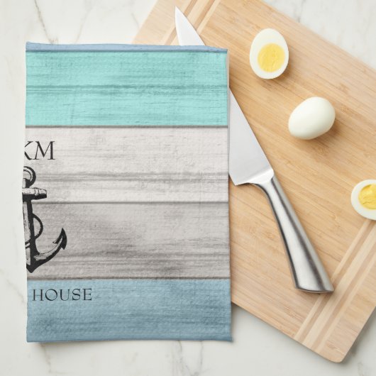 Blue and Tan Tones Wood Nautical - Monogram Theedoek (Quarter Fold)