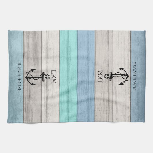 Blue and Tan Tones Wood Nautical - Monogram Theedoek (Horizontaal)