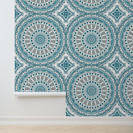 Blue and Taupe Mandala Pattern Design Behang