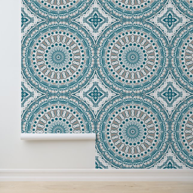 Blue and Taupe Mandala Pattern Design Behang (Applicatie)