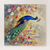 Blue and Turquoise Peacock in Flowers Legpuzzel (Horizontaal)