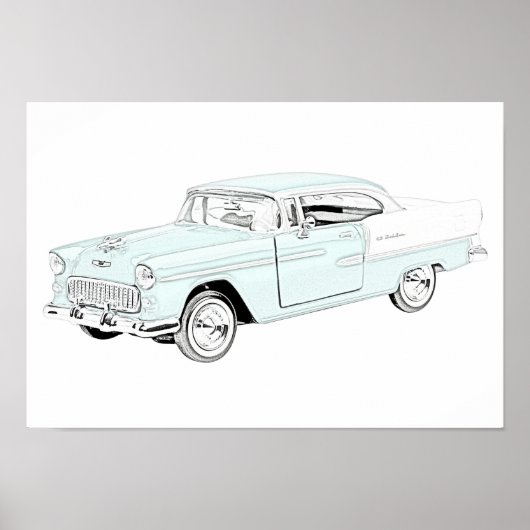 Blue and White 1955 Chevy Bel Air Drawing Poster (Voorkant)