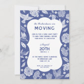Blue and White Birds Moving Away Party Invitation Kaart (Voorkant)