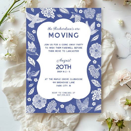 Blue and White Birds Moving Away Party Invitation Kaart