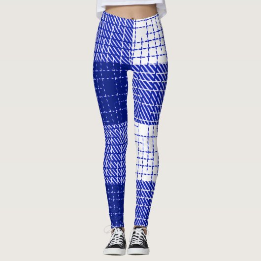 Blue and White Bold Checkered Plaid Design Leggings (Voorkant)