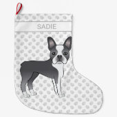 Blue and White Boston Terrier Cartoon Dog & Name Grote Kerstsok (Voorkant)