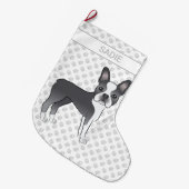 Blue and White Boston Terrier Cartoon Dog & Name Grote Kerstsok (Voorkant (Hangend))