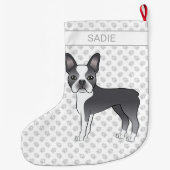 Blue and White Boston Terrier Cartoon Dog & Name Grote Kerstsok (Achterkant)