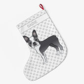 Blue and White Boston Terrier Cartoon Dog & Name Grote Kerstsok (Achterkant (Hangend))