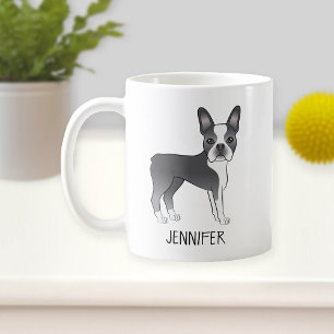 Blue and White Boston Terrier Cartoon Dog & Name Koffiemok