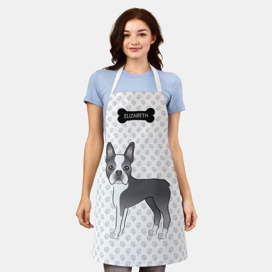 Blue and White Boston Terrier Cartoon Dog & Name Schort (Gedragen)