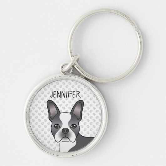 Blue and White Boston Terrier Cartoon Dog & Name Sleutelhanger (Voorkant)