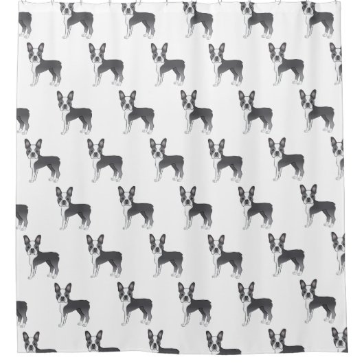 Blue and White Boston Terrier Cartoon Dog Pattern Douchegordijn (Voorkant)