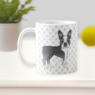 Blue and White Boston Terrier Cartoon Dog & Paws Koffiemok