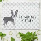 Blue and White Boston Terrier Cartoon Dog & Text Theedoek (Gevouwen)