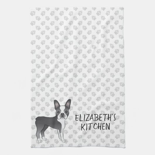 Blue and White Boston Terrier Cartoon Dog & Text Theedoek (Verticaal)