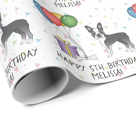Blue and White Boston Terrier Cute Dog - Birthday Cadeaupapier (Rol Hoek)