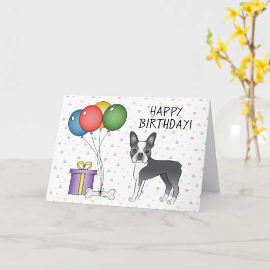 Blue and White Boston Terrier Dog Happy Birthday Kaart (Gele Bloem)