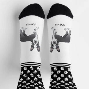 Blue and White Boston Terrier met naam en tong Sokken