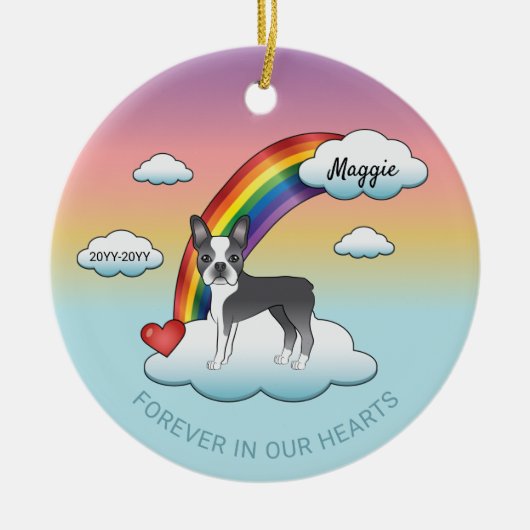 Blue and White Boston Terrier Rainbow Memorial Keramisch Ornament (Voorkant)