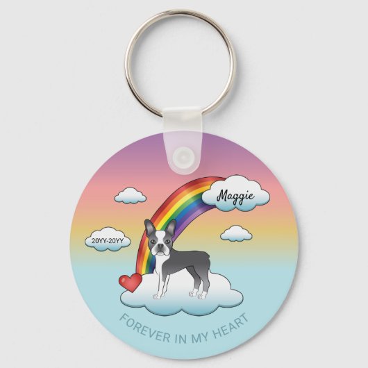 Blue and White Boston Terrier Rainbow Memorial Sleutelhanger (Voorkant)
