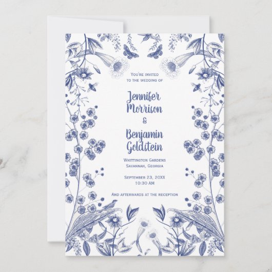 Blue and White Botanical Garden Wedding Invitation Kaart (Voorkant)