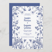 Blue and White Botanical Garden Wedding Invitation Kaart (Voorkant / Achterkant)