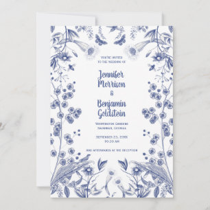 Blue and White Botanical Garden Wedding Invitation Kaart