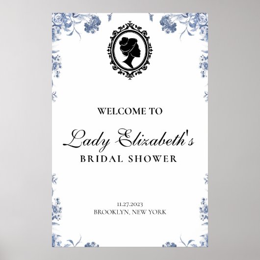 blue and white budget vintage bridal shower poster (Voorkant)