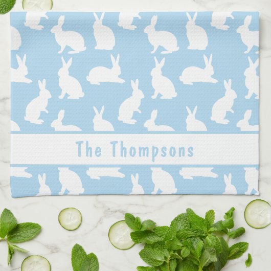 Blue And White Bunny Pattern And Name Easter Theedoek (Gevouwen)