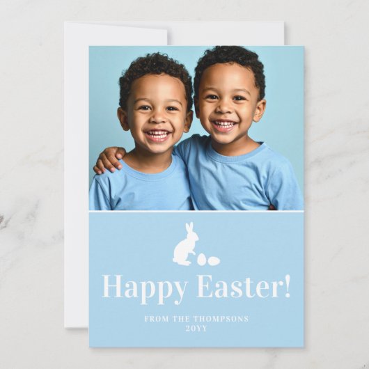 Blue And White Bunny With Custom Photo Easter Kaart (Voorkant)