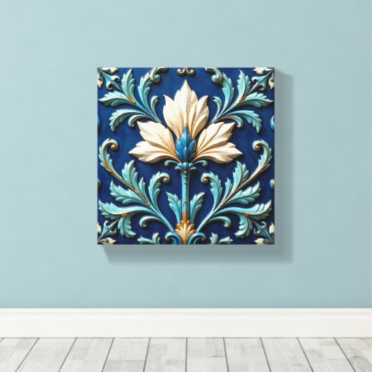 Blue and White Ceramic Floral Canvas Afdruk (Insitu (Houten vloer))